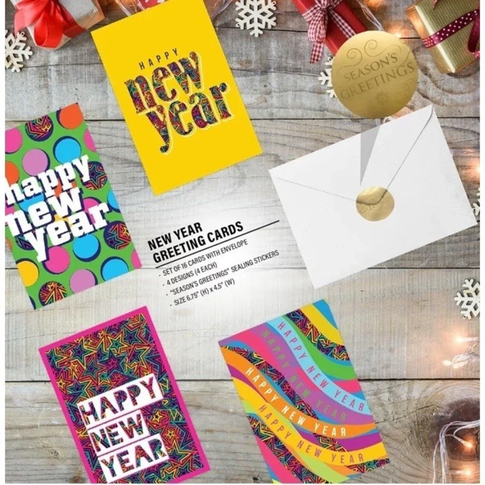 Happy New Year Cards Boxed Set 16 with Envelopes, Gold Seal Stickers 6.75
